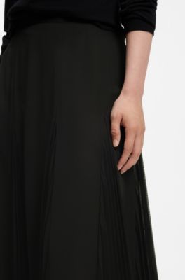 Long skirt with fluid pliss&eacute; inserts, Black