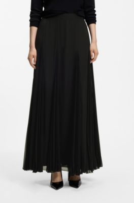 Long skirt with fluid pliss&eacute; inserts, Black