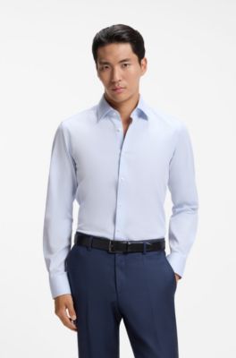 Slim-fit shirt in Pepita-patterned cotton, Light Blue