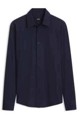 Chemise Slim en jersey stretch imprim&eacute; performant, Bleu fonc&eacute;