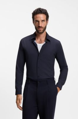 Chemise Slim en jersey stretch imprim&eacute; performant, Bleu fonc&eacute;