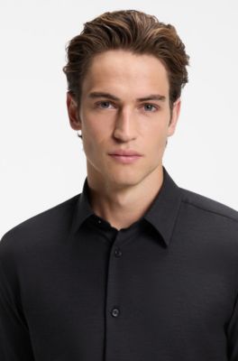 Slim-fit shirt in stretch melange cotton, Black