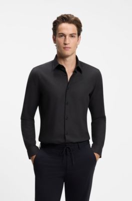 Camisa slim fit de algod&oacute;n el&aacute;stico jaspeado, Negro