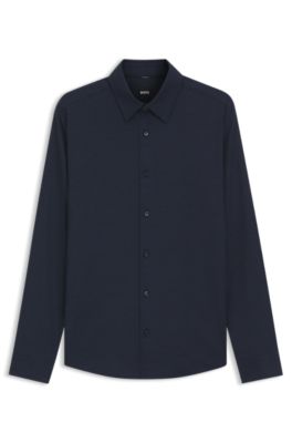 Slim-fit shirt in stretch melange cotton, Light Blue
