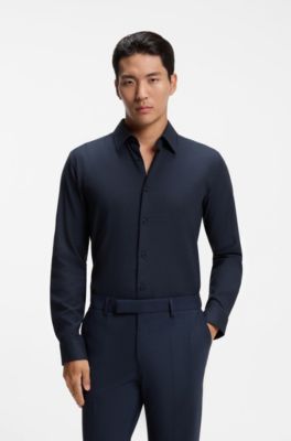 Slim-fit shirt in stretch melange cotton, Light Blue