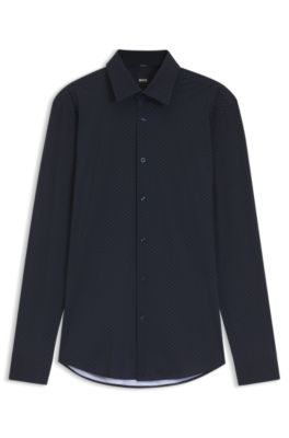 Slim-fit shirt in printed performance-stretch jersey, Dark Blue