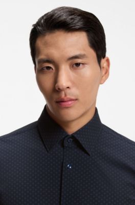 Slim-fit shirt in printed performance-stretch jersey, Dark Blue