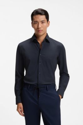 Slim-fit shirt in printed performance-stretch jersey, Dark Blue