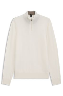 Pull en laine vierge et cachemire &agrave; encolure zipp&eacute;e, Blanc