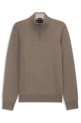 Zipper-neck sweater in virgin wool with cashmere, Light Brown
