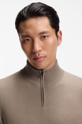 Zipper-neck sweater in virgin wool with cashmere, Light Brown