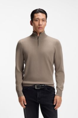 Zipper-neck sweater in virgin wool with cashmere, Light Brown