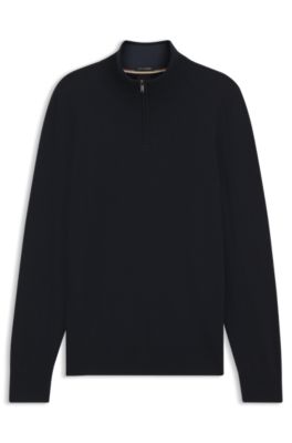 Zipper-neck sweater in virgin wool with cashmere, Dark Blue