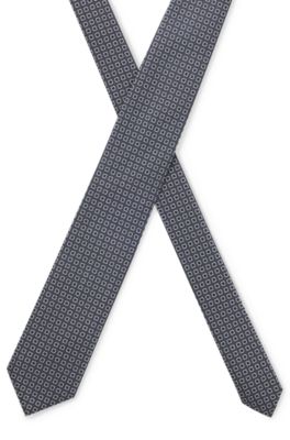 Corbata de mezcla de seda en jacquard con microestampado, Azul oscuro