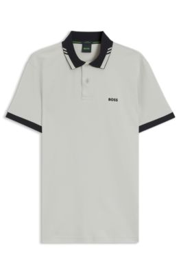 Cotton slim-fit polo shirt with contrast trims, Light Beige