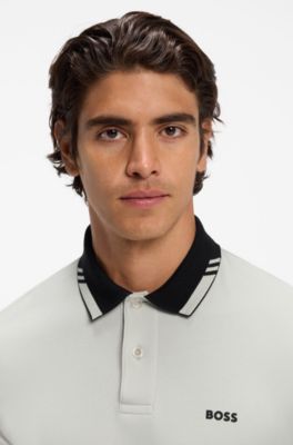 Cotton slim-fit polo shirt with contrast trims, Light Beige