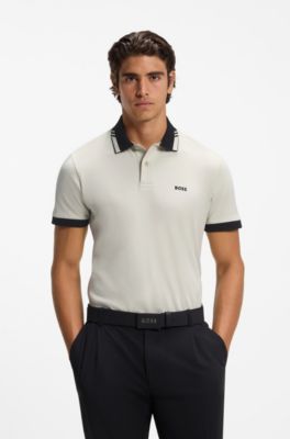 Cotton slim-fit polo shirt with contrast trims, Light Beige