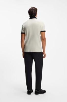 Cotton slim-fit polo shirt with contrast trims, Light Beige