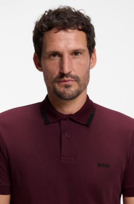 Cotton slim-fit polo shirt with contrast trims, Dark pink