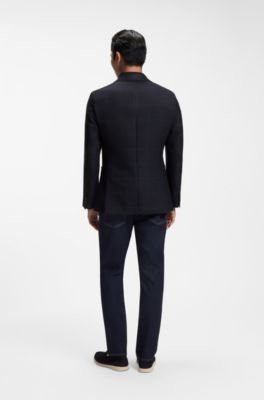 Blazer slim fit de lana virgen a cuadros, Azul oscuro