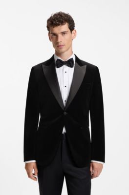 Slim-fit tuxedo jacket in cotton velvet, Black