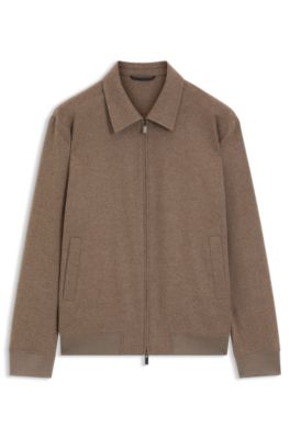 Slim-fit zip-up jacket in virgin wool flannel, Light Brown