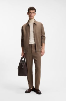Slim-fit zip-up jacket in virgin wool flannel, Light Brown