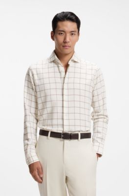 Camisa regular fit de franela de algod&oacute;n a cuadros, Beige claro