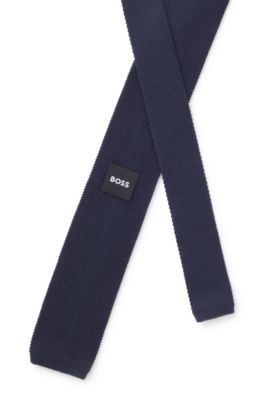Corbata de lana pura con motivo jacquard, Azul oscuro