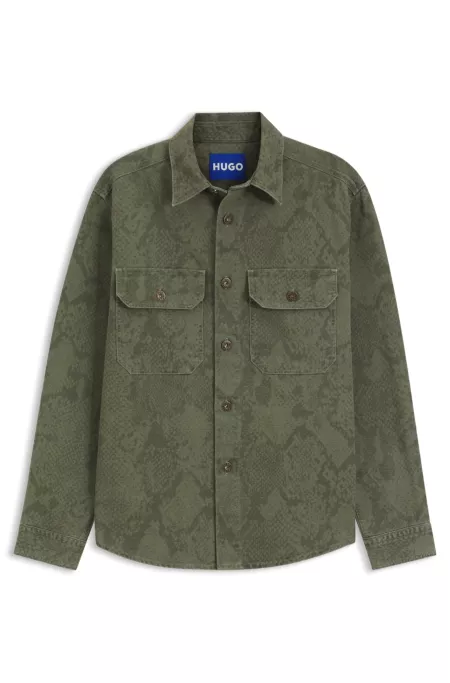 Oversized-fit shirt in snake-print cotton canvas