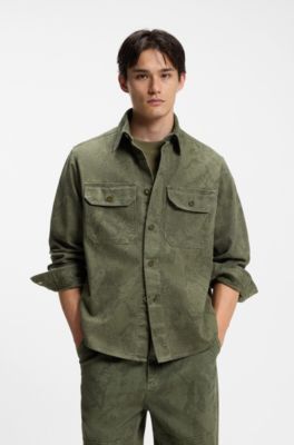 Oversized-fit shirt in snake-print cotton canvas, Light Green