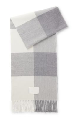 Fringed scarf in Glen plaid wool, Light Grey