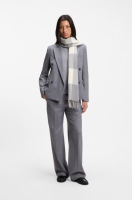 Fringed scarf in Glen plaid wool, Light Grey