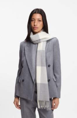 Fringed scarf in Glen plaid wool, Light Grey