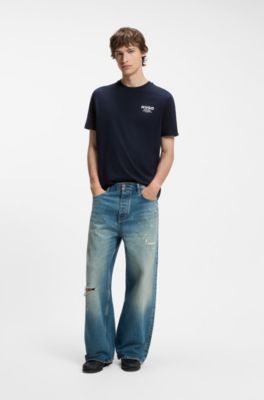 Camiseta regular fit de algod&oacute;n con logo estampado, Azul oscuro