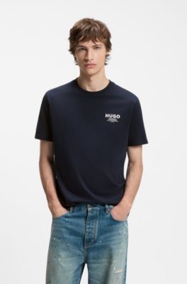 Camiseta regular fit de algod&oacute;n con logo estampado, Azul oscuro