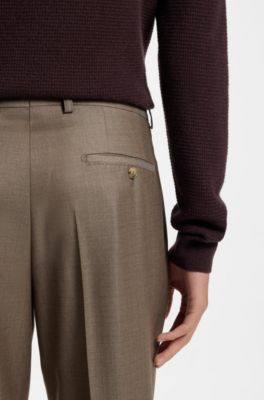Pantalones tapered fit de lana virgen con elasticidad natural, Caqui