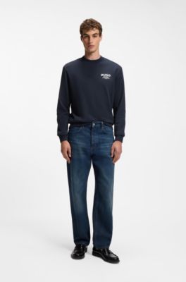 Sudadera de felpa francesa de algod&oacute;n con logo estampado llamativo, Azul oscuro