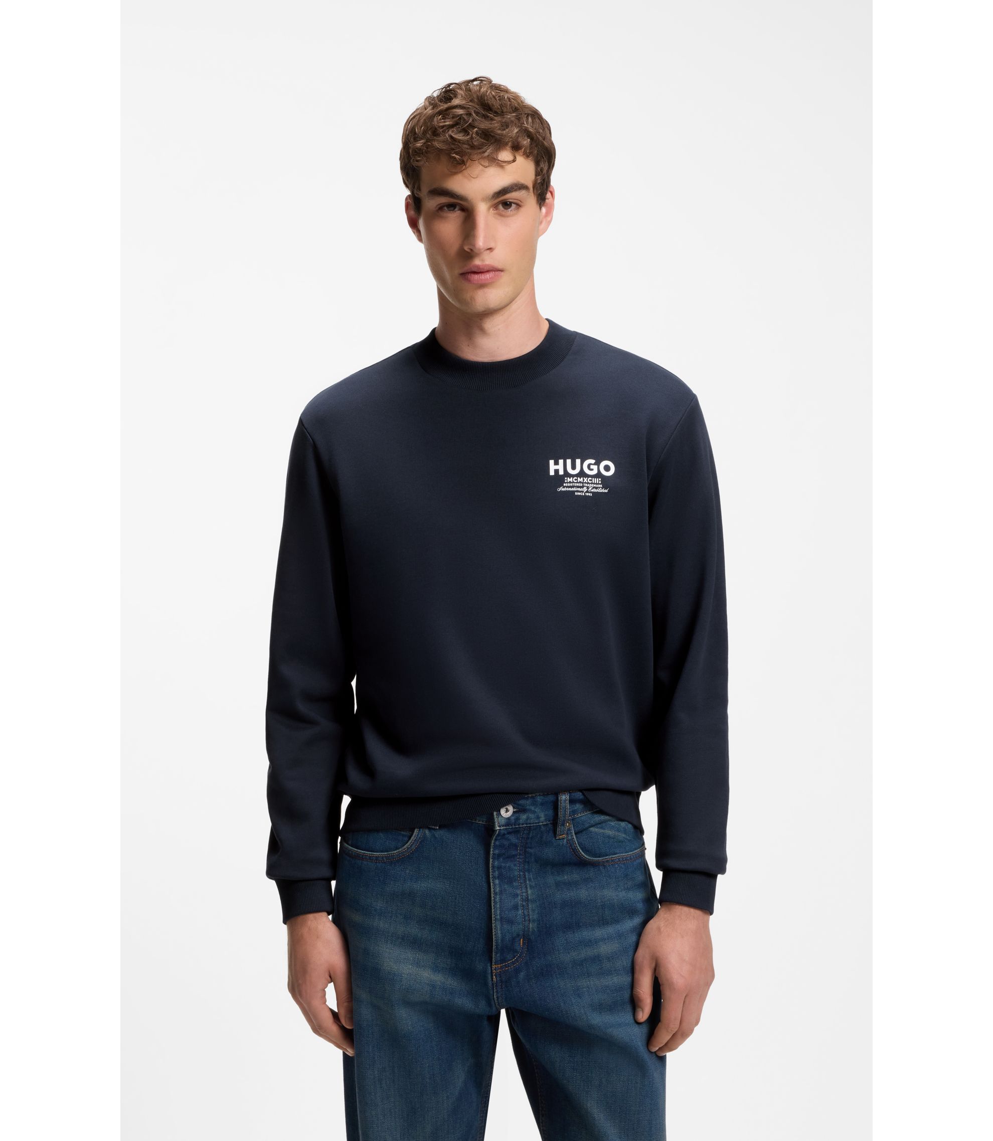 HUGO ネイビー トレーナー 新品 Size XL HUGO - French-terry cotton sweatshirt with bold logo print - Dark Blue