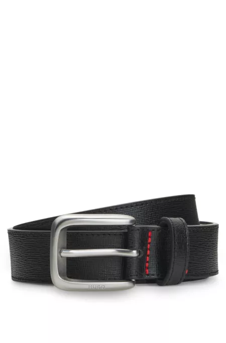 Embossed Italian leather belt with contrast stitching