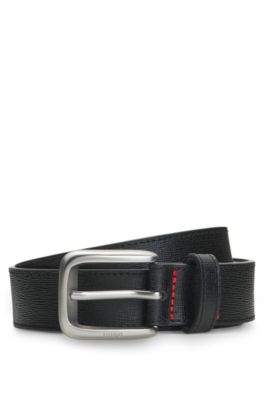 Embossed Italian leather belt with contrast stitching, Black