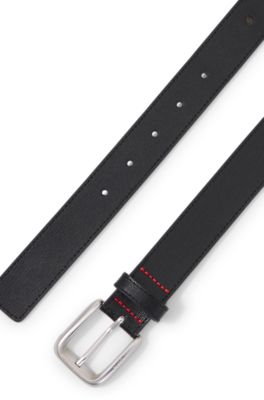 Embossed Italian leather belt with contrast stitching, Black