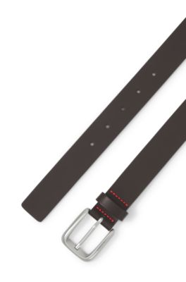 Leather dress belt with logo-engraved buckle, Dark Brown