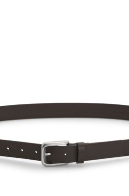 Leather dress belt with logo-engraved buckle, Dark Brown