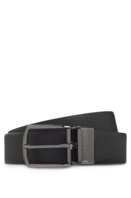 Reversible leather business belt with logo keeper, Black