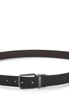 Reversible leather business belt with logo keeper, Black