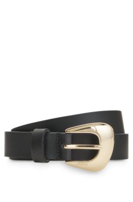 Italian leather belt with angular gold-tone buckle, Black