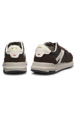 Suede sneakers with gold-tone foil logo, Light Brown