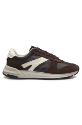 Suede sneakers with gold-tone foil logo, Light Brown