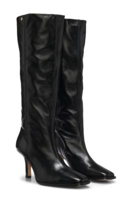 Knee-high leather boots with square toe, Black